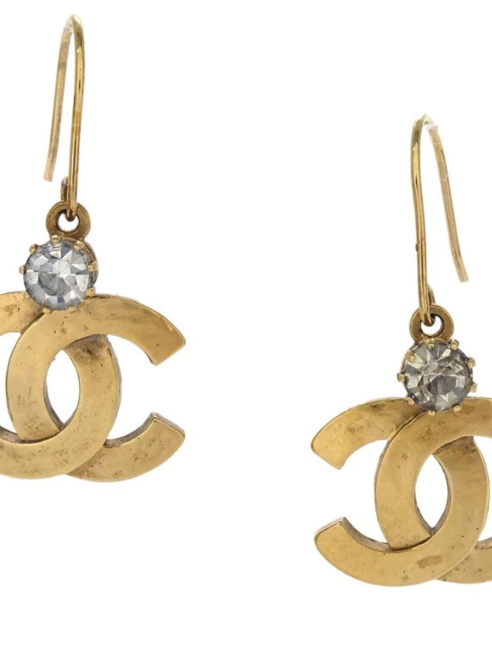 Chanel CC Dangle Pierced Earrings Gold Rhinestone 05A 168289